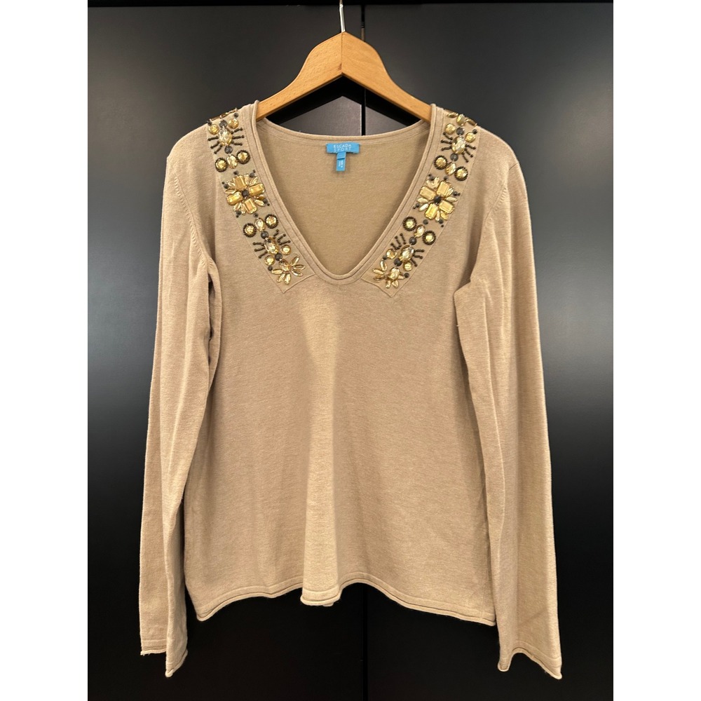 Escada Sport Silk Cashmere Beaded V-Neck Sweater XL Beige Crystal Embellished
